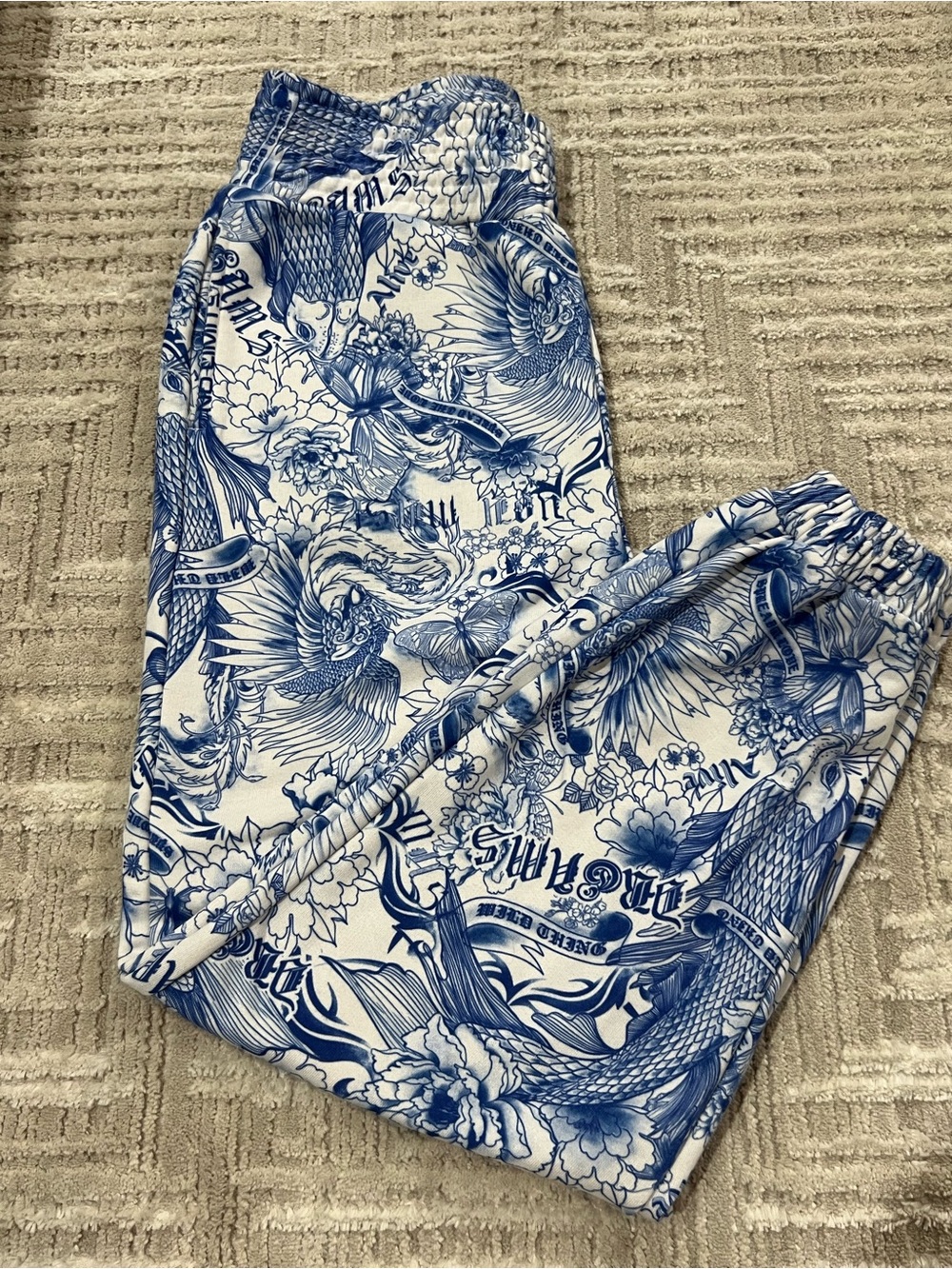 Bershka Blue and White Chinoiserie-style Print Joggers Pristine Condition Sz S